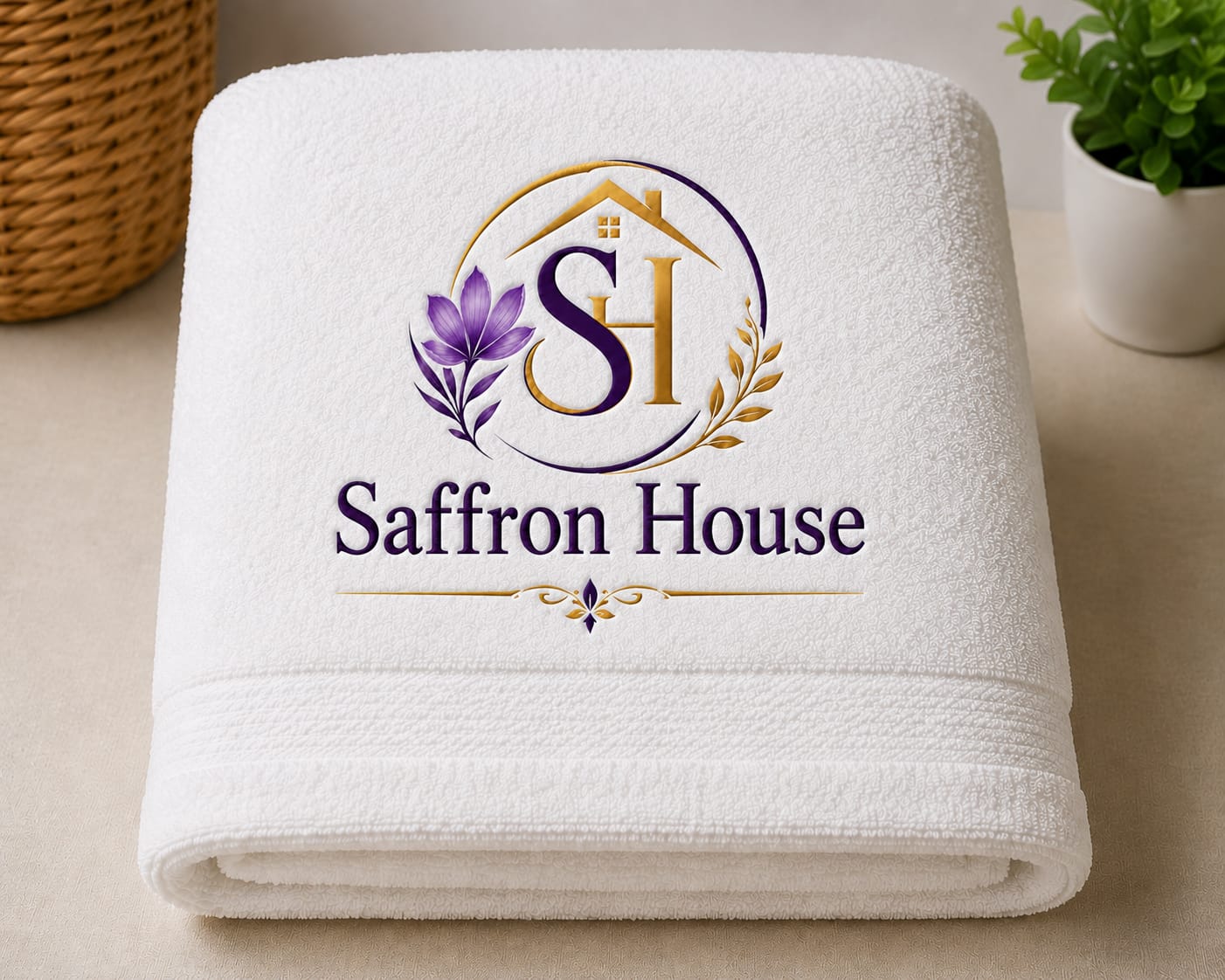 Saffron House branded bath towel — soft, premium quality